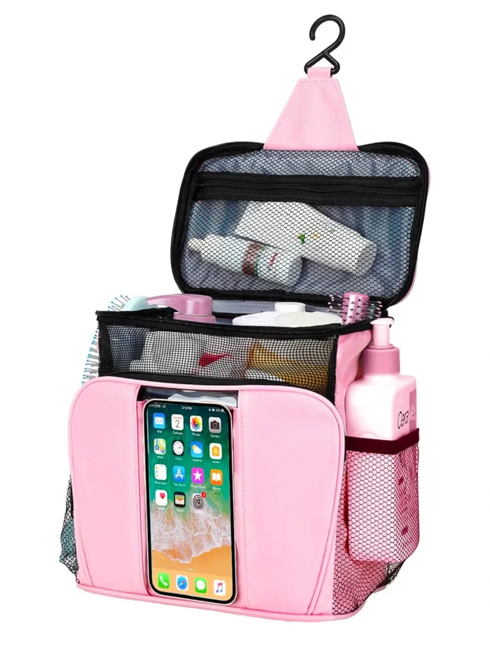 Pink Hanging Toiletry Organizer Bag with Phone Pocket